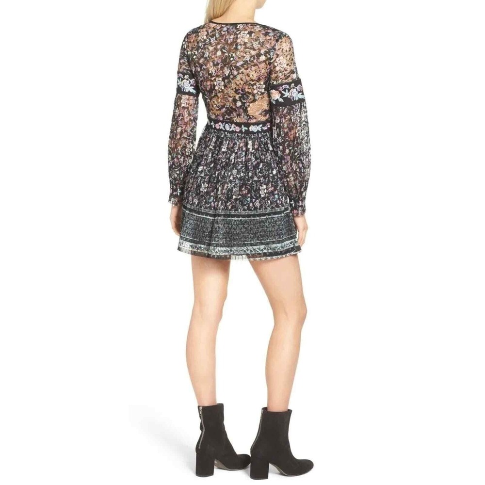 Free People Mini Dress Womens 2 Black Floral Lace Embroidered V-Neck Long Sleeve - Picture 2 of 16